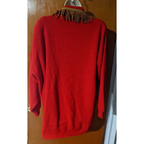 Vintage Aztec Long Red Sweater Cardigan Southwest Fringes Women's OSFA - Picture 4 of 11